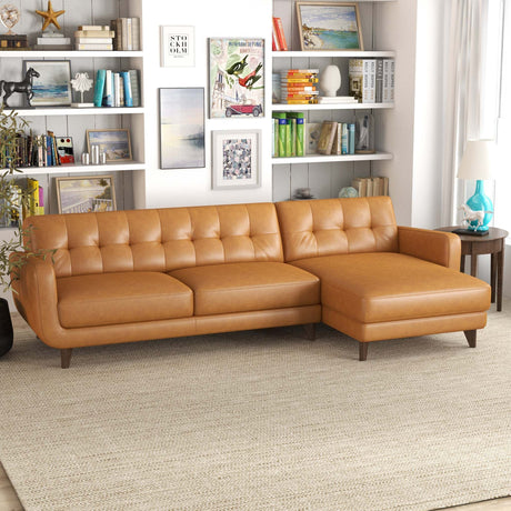 Allison Right-Facing Tan Leather Sectional Sofa Mid-Century Modern Style 113 x 59 x 32 Inches - sold by Home Elegance USA