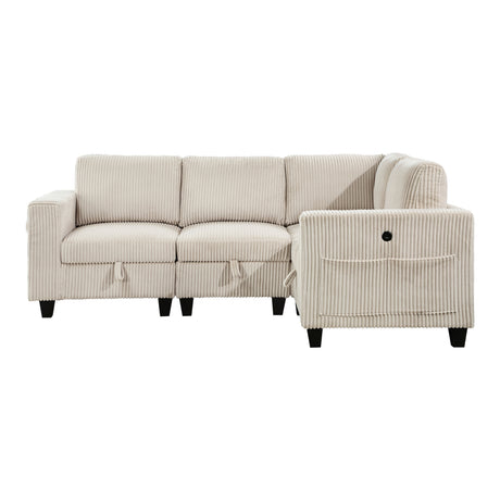 4-Piece Modular Sectional with Storage Seats, Side Pockets, Charging Ports Beige Corduroy Fabric Modern Living Room Sectional Couch Solid Wood Furniture - sold by Home Elegance USA