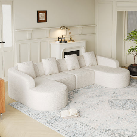 111.8-inch L-shaped curved modular sofa, modern design featuring lychee-textured long-pile polyester fabric, curved backrest with three pillows - sold by Home Elegance USA