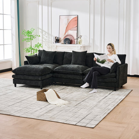 140.9-inch U-shaped modular sectional sofa, suitable for living room or bedroom. It comes with 2 movable ottomans, 4 cushions and 2 throw pillows. Made of soft cashmere fabric, in black - sold by Home Elegance USA