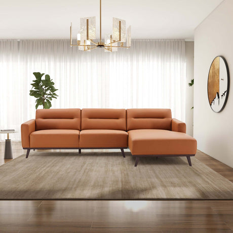 Ella Mid Century Modern L-Shaped Sectional Couch with Cognac Vegan Leather and Solid Wood Frame - sold by Home Elegance USA