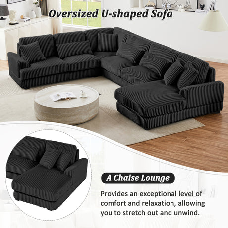 Modern Oversized U-shaped Sectional Sofa with Chaise Lounge Upholstered in Soft Black Corduroy - sold by Home Elegance USA