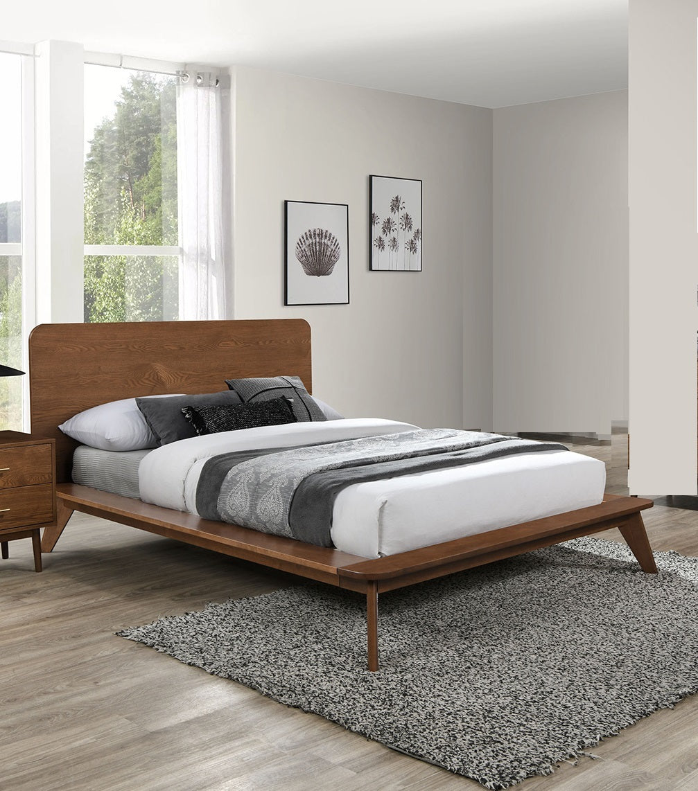 Walnut Color Queen Size Bed Solid wood Veneer 1pc Platform Bedframe Mattress Ready Mid-Century Modern Style