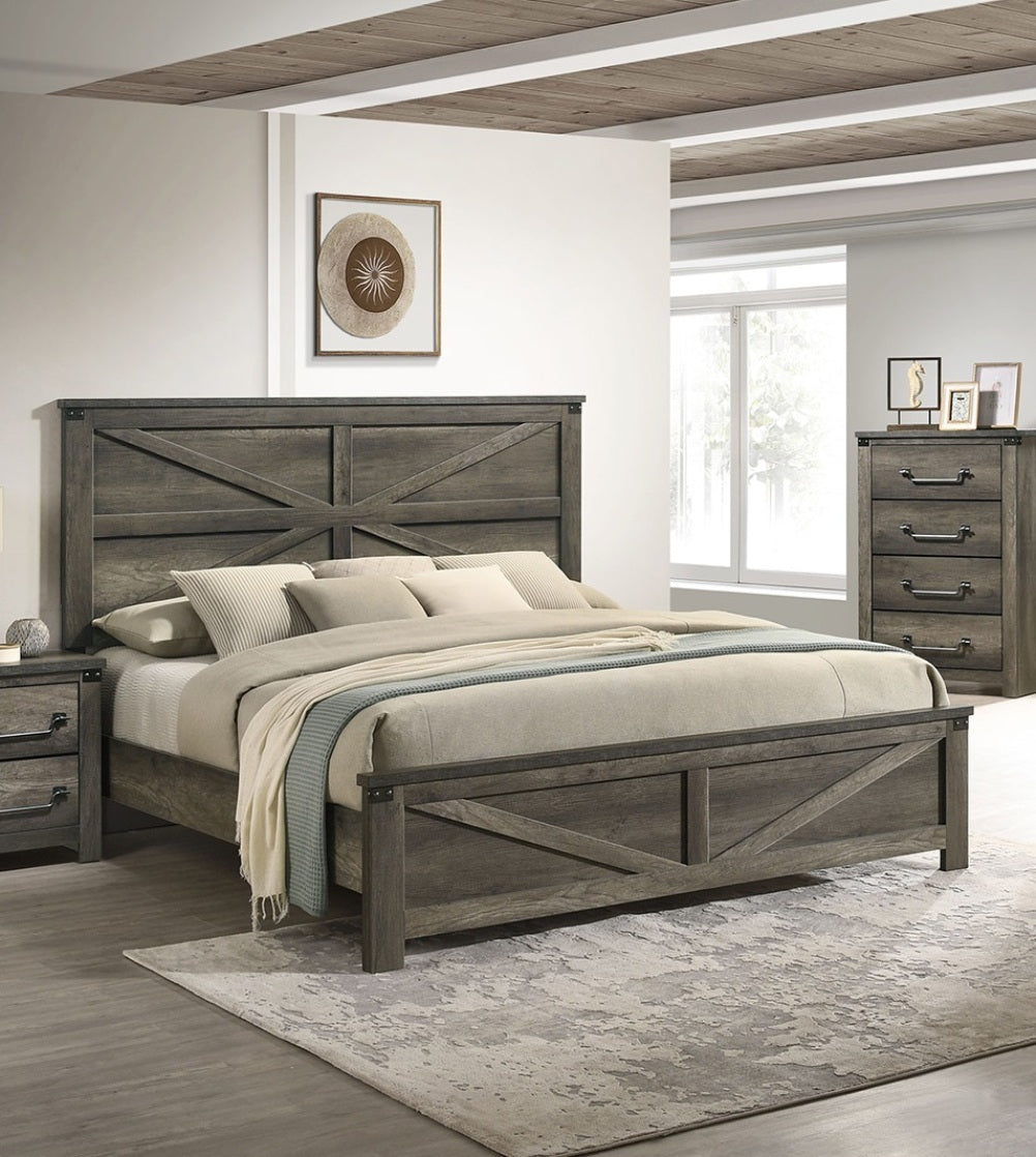 Rustic Gray 1pc Queen Size Bed Unique Design Headboard Simple Wooden Bedroom Furniture Metal Accents