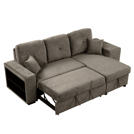 Reversible Sleeper Sectional Sofa Bed with Side Shelf and 2 Stools, Pull-Out L-Shaped Sofa Bed, Corner Sofa-Bed with Storage Chaise, Knox Charcoal Velvet - sold by Home Elegance USA