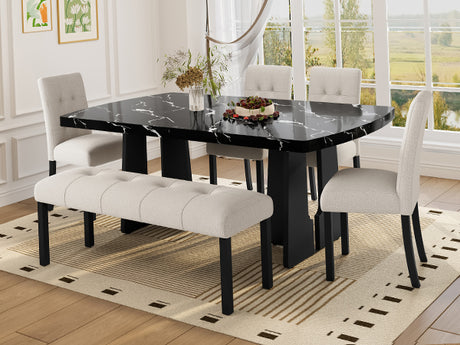 6 Piece Modern Dining Table Set, 63' Faux Marble Dining Table with Geometric Legs & 4 Upholstered Chairs & 1 Bench, Suitable for Dining Kitchen Room,Easy to Assemble, Beige+Black - sold by Home Elegance USA