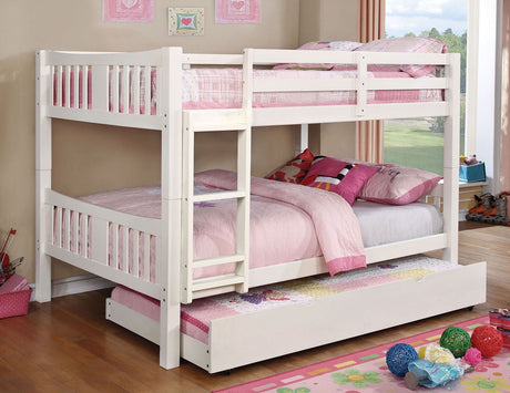 White Finish Full Over Full Bunk Bed Transitional Style Attached Ladder Upper Bed Rails Trundle-Not Included - sold by Home Elegance USA