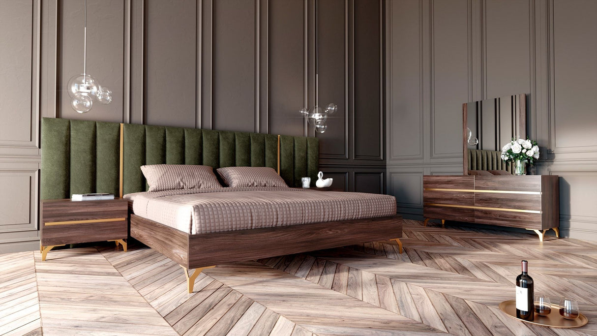 Eastern King Calabria Modern Walnut & Green Velvet Bedroom Set