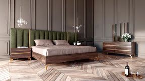 Eastern King Calabria Modern Walnut & Green Velvet Bedroom Set