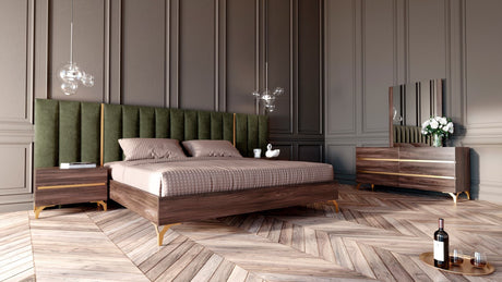 Eastern King Calabria Modern Walnut & Green Velvet Bedroom Set