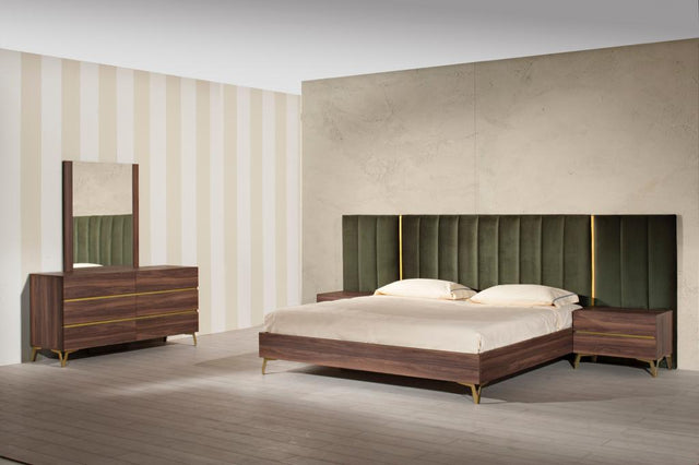 Eastern King Calabria Modern Walnut & Green Velvet Bedroom Set - View Image 1