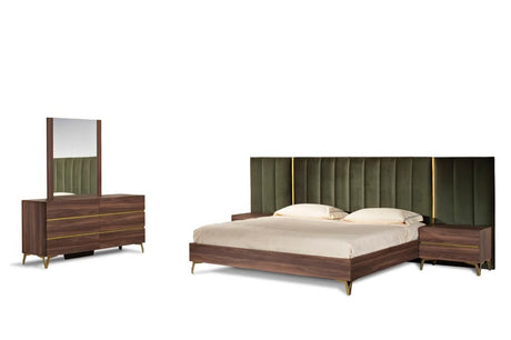 Eastern King Calabria Modern Walnut & Green Velvet Bedroom Set
