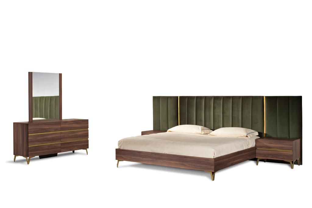 Eastern King Calabria Modern Walnut & Green Velvet Bed & Nightstands