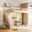 Full Size Loft Bed with Storage Staircase,Built-In Dressing Table with Mirror and Drawer, Wardrobe & Cabinets, USB Charging Ports and Lights, Beige