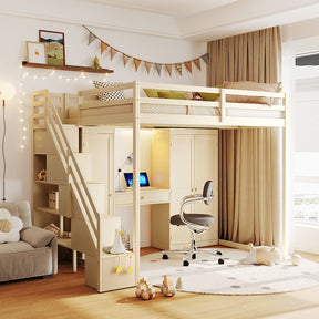 Full Size Loft Bed with Storage Staircase,Built-In Dressing Table with Mirror and Drawer, Wardrobe & Cabinets, USB Charging Ports and Lights, Beige
