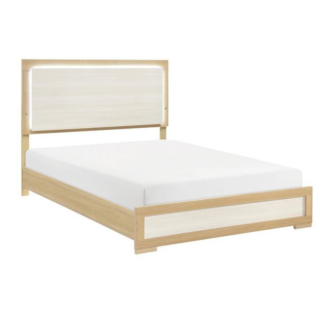 Contemporary Natural and White Finish Queen Size Bed LED Panel Headboard Wooden Bedroom Furniture 1pc