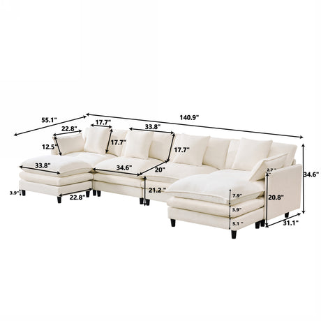 140.9-inch U-shaped modular sectional sofa, suitable for living room or bedroom. It comes with 2 movable ottomans, 4 cushions and 2 throw pillows. Made of soft cashmere fabric, in beige - sold by Home Elegance USA