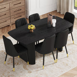 Table and chair set.67 * 35.4 inch black wood grain MDF dining table: a simple and luxurious, stable choice.Paired with 6 Black PU Chairs with Simple Line Designs On The Backrest.
