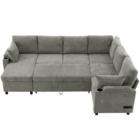Versatile Light Grey Chenille Sectional Sofa Bed with Storage, Cup Holders & Charging Ports, 109.9' - sold by Home Elegance USA