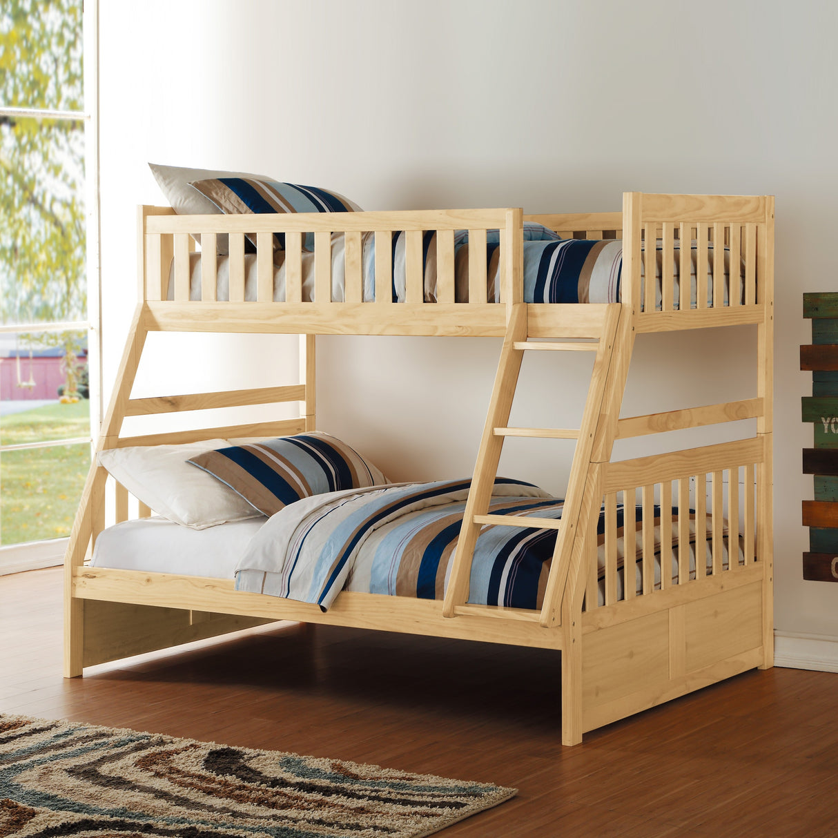 Bunk Bed Twin Over Full Natural Pine Finish Guard Rails Wooden Bedroom Furniture 1pc