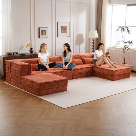 Compression Mahjong Sofa,Convertible Floor Sofa Bed,DIY Boneless Modular Sectional Sofa,No Assembly Required,Circle fleece fabric,Oversized 4 Seater with 2 Ottoman,Orange - sold by Home Elegance USA
