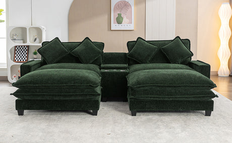 Chenille Upholstered 111' Sectional Sofa with Two Removable Ottomans, USB Ports, Cup Holders, and Storage, Green - sold by Home Elegance USA