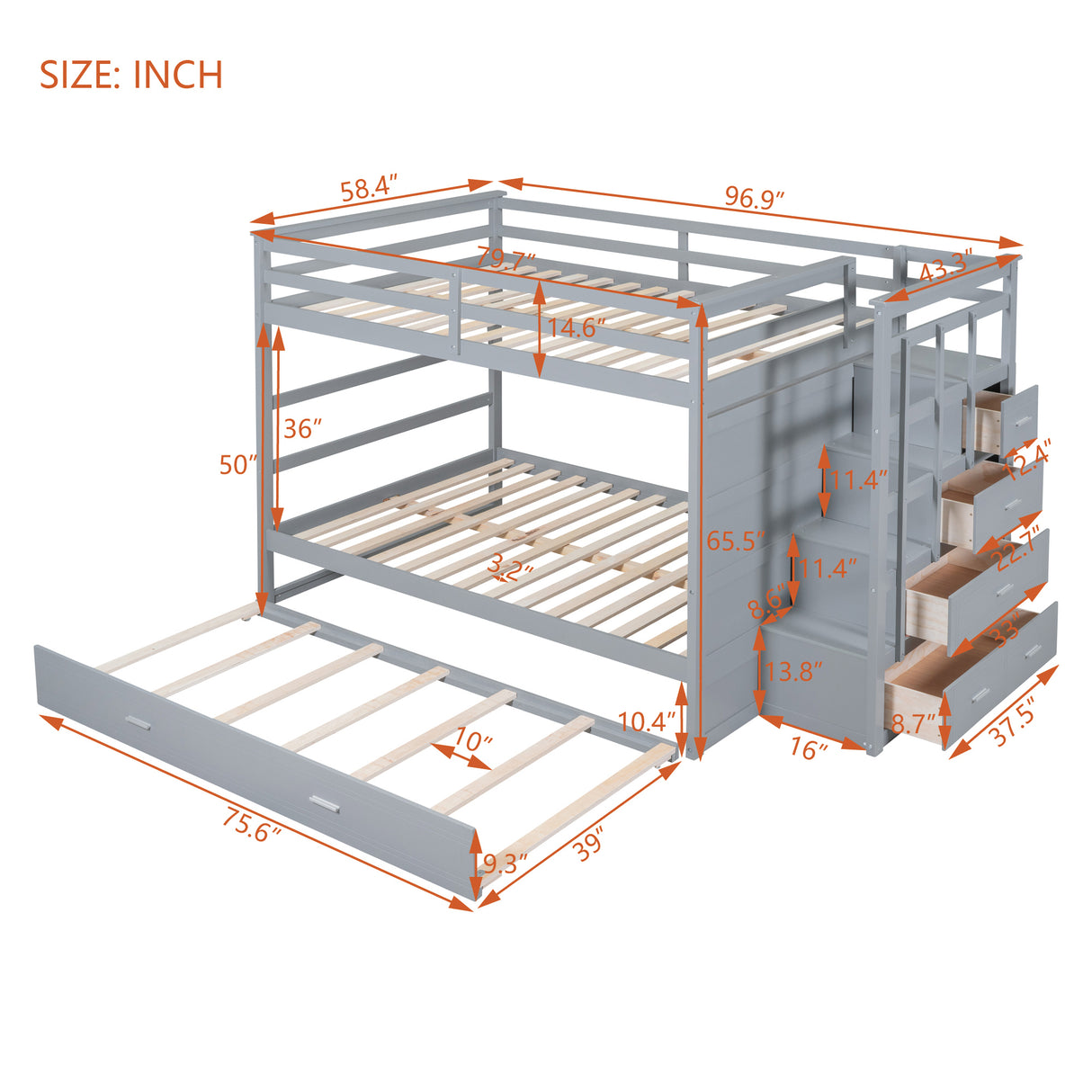 Full Over Full Bunk Bed with Twin Size Trundle and Staircase, Gray - Home Elegance USA