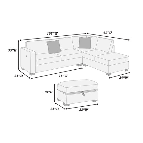 Dark Gray Wide Welt Corduroy Sectional Sofa Reversible Chaise Sofa w USB Storage Ottoman Upholstered Couch Pillows 3pc Set - sold by Home Elegance USA