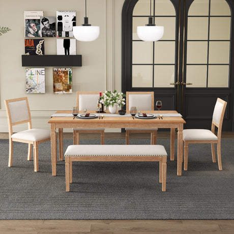 TREXM Vintage Extendable Dining Table Set for 6 with 4 Chairs & Bench, 59 to 72-Inch Rustic Farmhouse Kitchen Table Set with Distressed Finish and Retro Carved Legs (Natural Wood Wash) - sold by Home Elegance USA