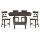 Dark Brown Finish Counter Height Table with Lazy Susan Lower Display Shelf and 4x Counter Height Chairs Contemporary Dining 5pc Set Wooden Furniture