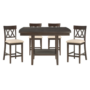 Dark Brown Finish Counter Height Table with Lazy Susan Lower Display Shelf and 4x Counter Height Chairs Contemporary Dining 5pc Set Wooden Furniture - sold by Home Elegance USA