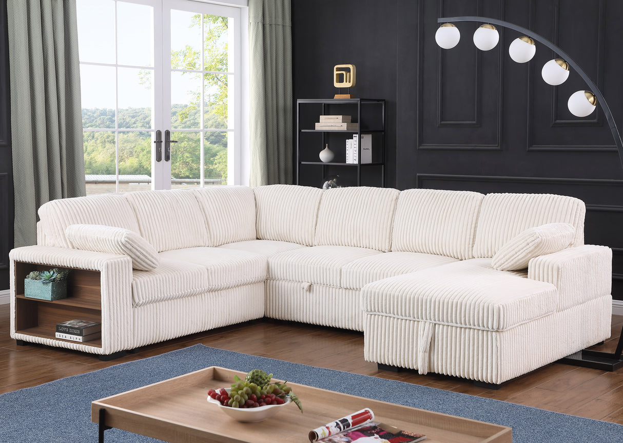 Sectional Sleeper Sofa with Pull Out Couch Bed Convertible Plush Corduroy Cloud Couch with Storage Chaise & Storage Armrests, Beige(Plush Corduroy Fabric)