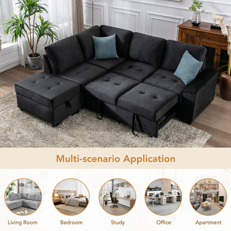 Sleeper Sectional Sofa, L-Shape Corner Couch Sofa-Bed with Storage Ottoman & Hidden Arm Storage & USB Charge  for Living Room Apartment, Black - sold by Home Elegance USA