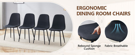 Table and chair set.71*35.4 inch White Grain Spliced Dining Table With Storage Function In The Middle Of The Table Legs.Paired with 8 Black Linen-Cotton Material High Resilience Dining Chair. - sold by Home Elegance USA