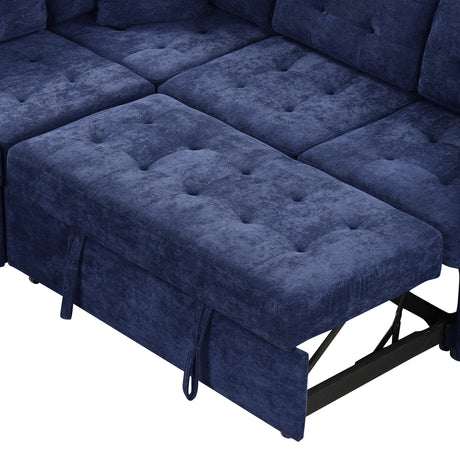Navy Blue L-shape Sofa Bed with Pull-out Sleeper, USB Ports, Power Sockets, Corded Velveteen, 82.6' - sold by Home Elegance USA