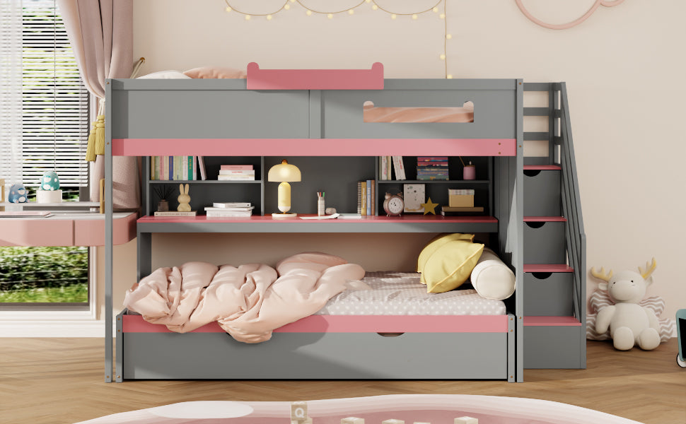 Full Over Full Bunk Bed with Twin Size Trundle and Staircase, Shelves, LED,Gray - sold by Home Elegance USA