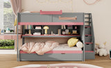 Full Over Full Bunk Bed with Twin Size Trundle and Staircase, Shelves, LED,Gray - sold by Home Elegance USA