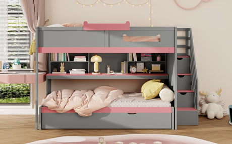 Full Over Full Bunk Bed with Twin Size Trundle and Staircase, Shelves, LED,Gray - sold by Home Elegance USA