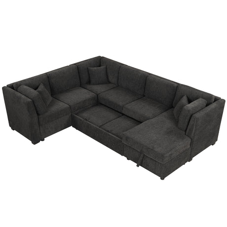 U-shaped Sectional Sofa Pull Out Bed with USB Ports, Power Sockets, Back Pillows & Storage Chaise, Black Chenille, 108.6' - sold by Home Elegance USA