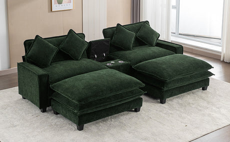 Chenille Upholstered 111' Sectional Sofa with Two Removable Ottomans, USB Ports, Cup Holders, and Storage, Green - sold by Home Elegance USA