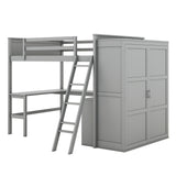 Full size Loft Bed with Desk, Shelves and Wardrobe-Gray - Home Elegance USA