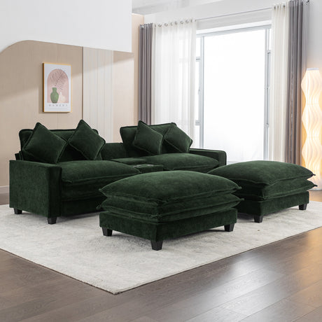 Chenille Upholstered 111' Sectional Sofa with Two Removable Ottomans, USB Ports, Cup Holders, and Storage, Green - sold by Home Elegance USA