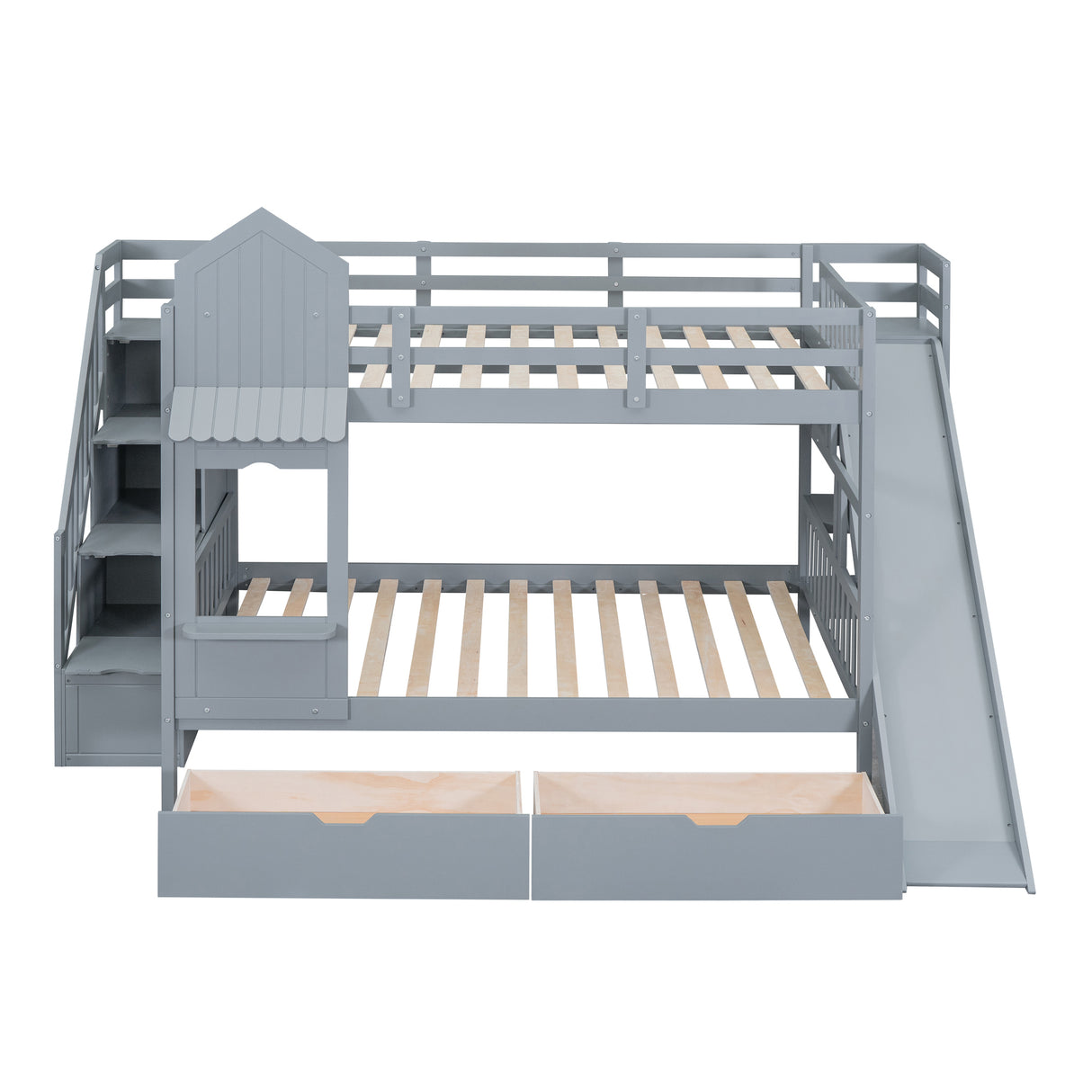 Full-Over-Full Castle Style Bunk Bed with 2 Drawers 3 Shelves and Slide - Gray - Home Elegance USA