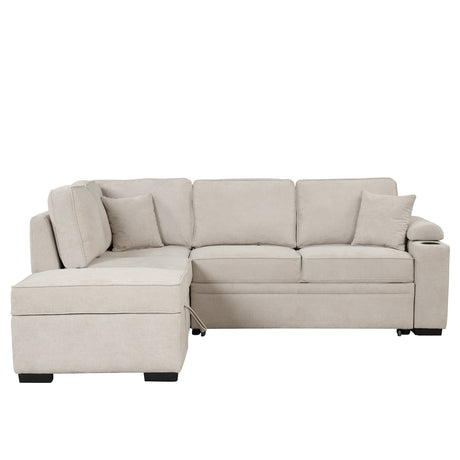 2 in 1 Sleeper Sofa Bed with Storage Ottoman, Beige Linen Upholstery, 84.75' L Shape Couch for Small Spaces - sold by Home Elegance USA