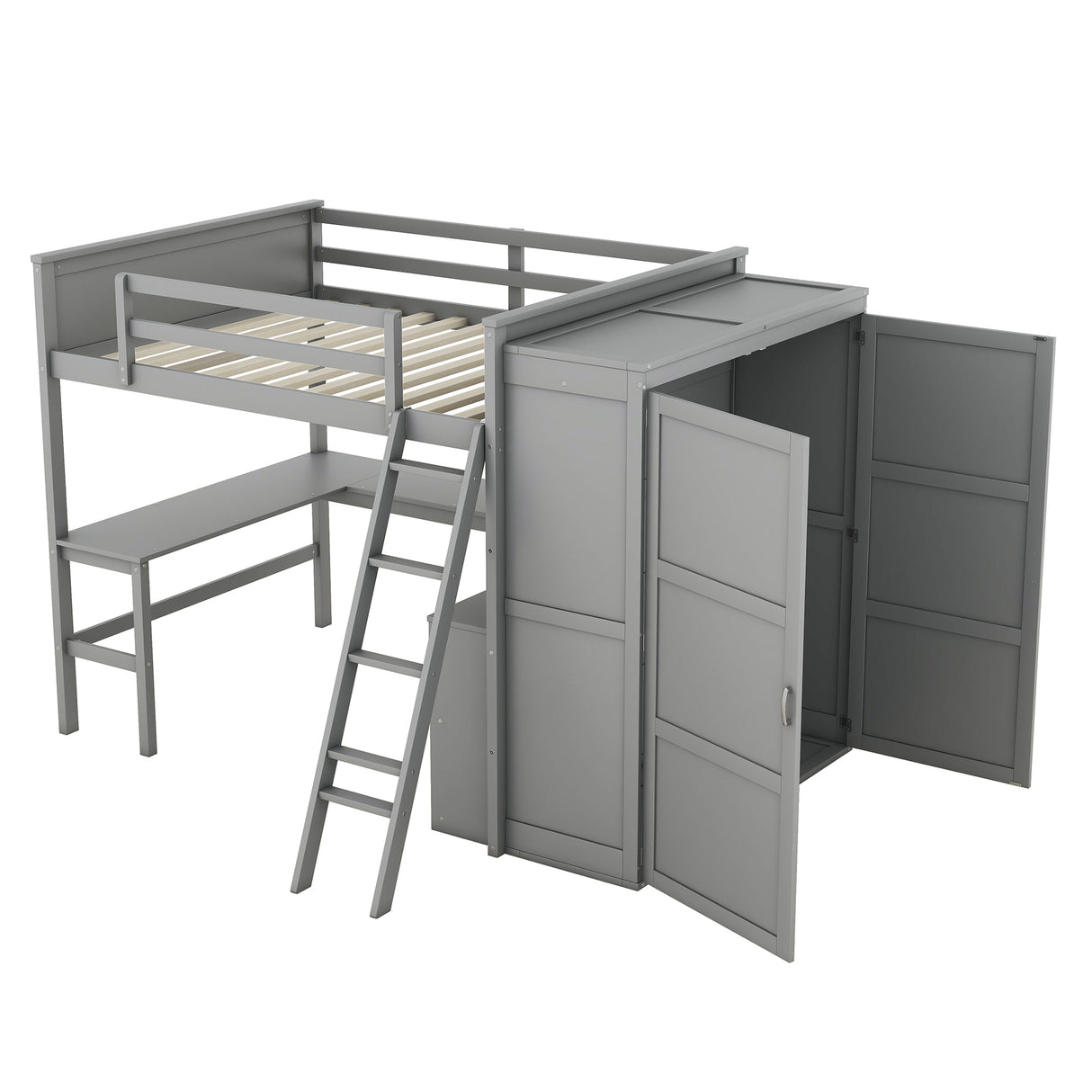 Full size Loft Bed with Desk, Shelves and Wardrobe-Gray - Home Elegance USA