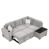 83.8" Reversible Sectional Pull - Out Sofa Bed L - Shaped Corner Sofa Couch with Storage Chaise, USB Ports, Power Sockets, Cup Holder for Living Room, Bedroom, Study,Light Gray | Home Elegance USA