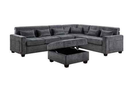 Trey 115'W Gray Chenille Sectional Sofa with Adjustable Backrest, Charging Ports, Pockets, Tufting, Storage Ottoman, Throw Pillows - sold by Home Elegance USA