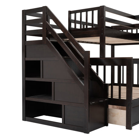 Twin-Twin over Full L-Shaped Bunk Bed With 3 Drawers, Portable Desk and Wardrobe, Espresso(OLD SKU:LT100542AAP) - sold by Home Elegance USA