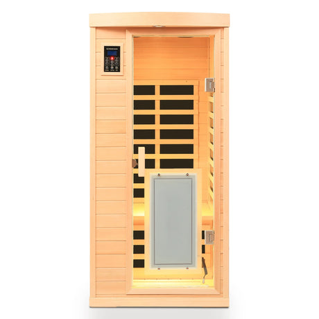 Low EMF Hemlock Far-Infrared Indoor Sauna with Heating Panels – One Person - sold by Home Elegance USA