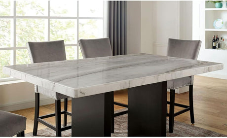 Genuine Marble Top Table w 6x High Chairs Light Gray Flannelette Upholstered Chair Counter Height Dining Room 7pc Set Furniture - sold by Home Elegance USA